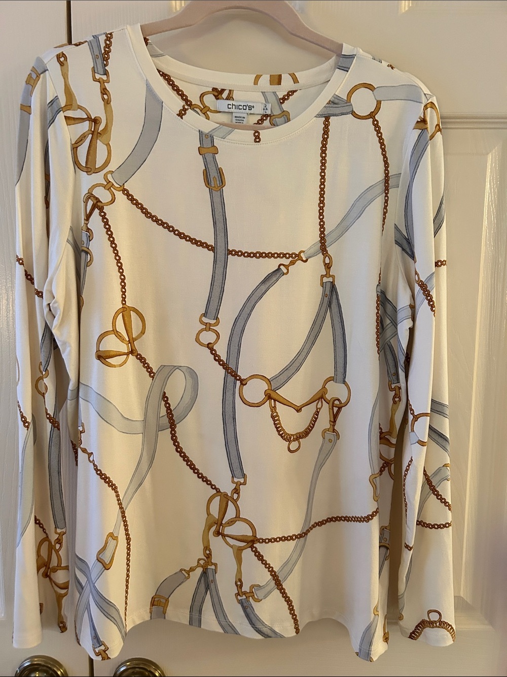 Chico's English Cream Long-Sleeve Chain & Strap Print